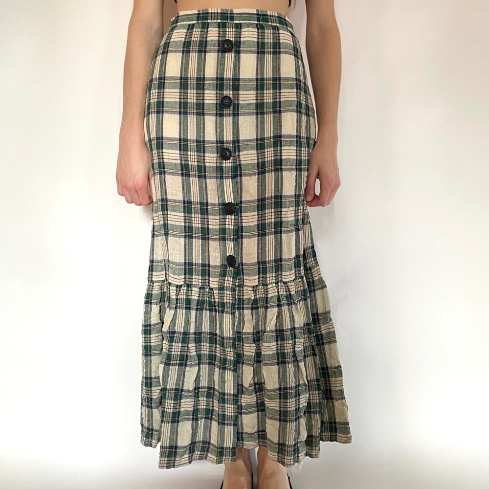 Zara Multicolored Plaid Button Front Midi Skirt